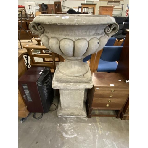 566 - Stone effect garden planter on plinth (80H 68DIAM cm)