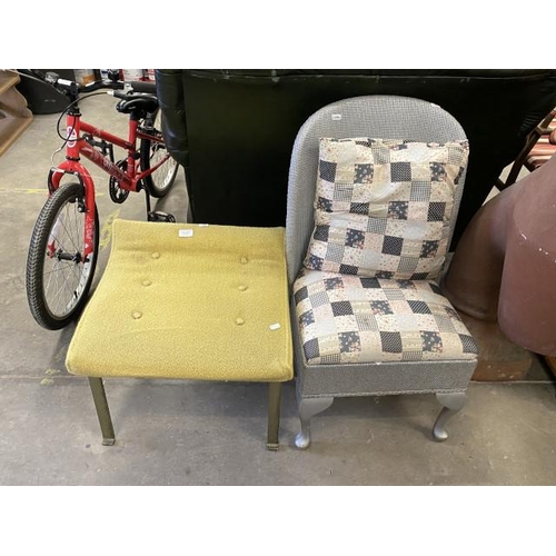 573 - Lloyd Loom style bedroom chair (43W cm) & vintage footstool (47H 50W 47D cm)