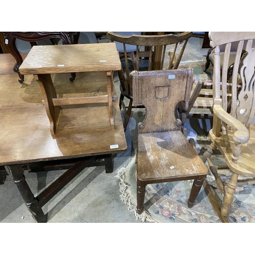 79 - Yorkshire oak Adzed stool (36H 40W 27D cm) &
Oak shield back chair