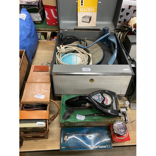 526 - Bush SRP31D record player, Kismet engine test gauge, Davenset battery cell tester, Bush radio etc