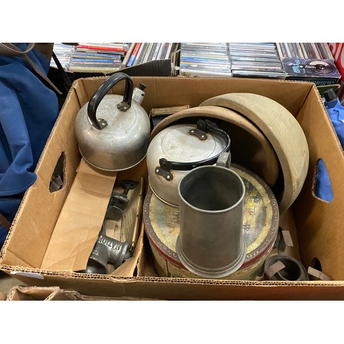 525 - 5 Boxes of collectables inc. scales, Pye lines mans telephone 1705, 2 anglepoise lamps, 2 metal jerr... 