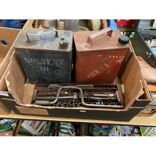 525 - 5 Boxes of collectables inc. scales, Pye lines mans telephone 1705, 2 anglepoise lamps, 2 metal jerr... 