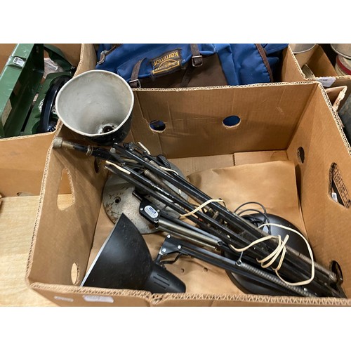 525 - 5 Boxes of collectables inc. scales, Pye lines mans telephone 1705, 2 anglepoise lamps, 2 metal jerr... 