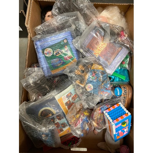 491 - 2 Boxes of soft toys & world dolls inc. MacDonald's toys, vintage womble, vintage handmade soft toy,... 