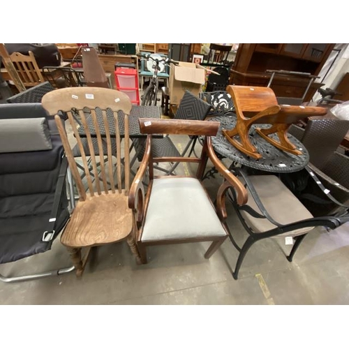 113 - Pine farmhouse rocking chair (44W cm), Georgian mahogany carver chair (54W cm) & fruit wood rocking ... 