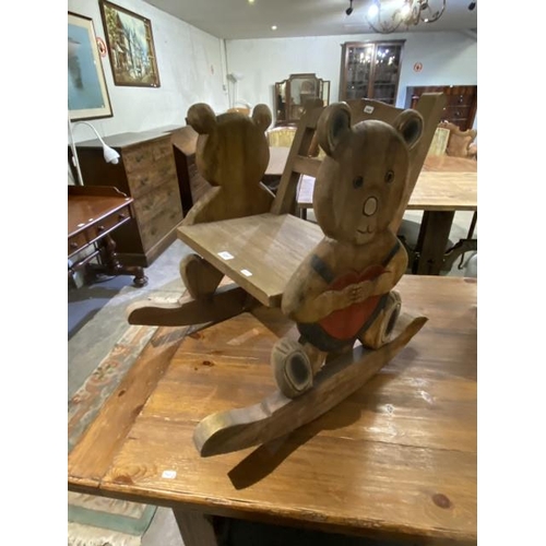 128 - Child's oak Teddy bear rocking chair (48W cm)