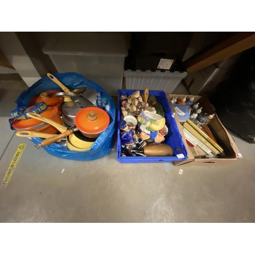 467 - Bag of assorted vintage saucepans, box of art materials etc