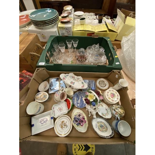 495 - 2 Boxes of collectables inc. Minton, Wedgwood, Royal Copenhagen, glassware, paperweights, Coalport e... 