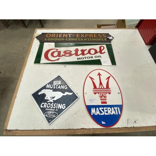 501 - Castrol plaque, Orient Express plaque, Mustang Crossing plaque & Maserati plaque