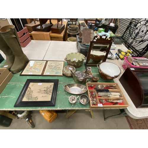 506 - Assorted plated ware inc. teapot, sugar bowl, cutlery, oak fruit bowl, 3 framed oriental prints etc