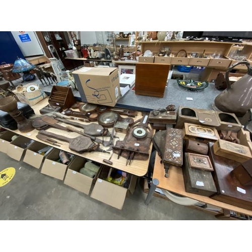 518 - Mahogany barometers, bellows, letterbox, inlaid boxes etc (all sold as seen)