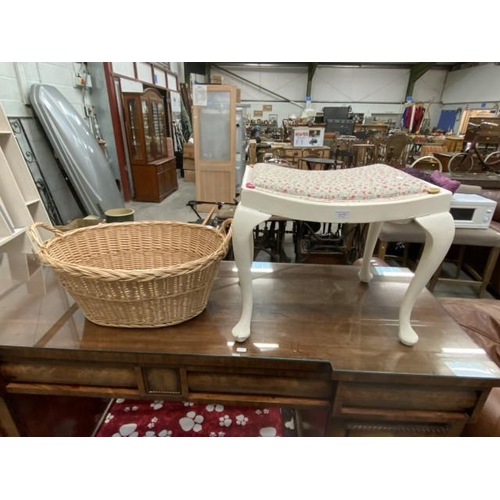 70 - Newly upholstered dressing stool (43H 50W 40D cm) & wicker basket