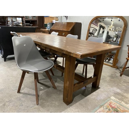 90 - Good quality pine refectory table with 2 end leaves (76H 247W 89D cm) & 6 contemporary grey chairs