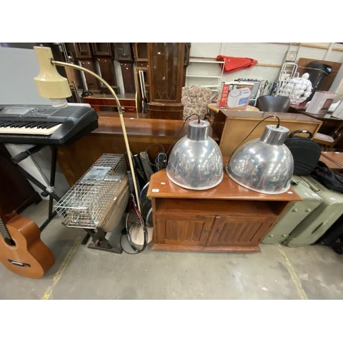 97 - Pine media stand (70H 90W 49D cm), pair of industrial chrome light fittings, oak drop leaf table etc