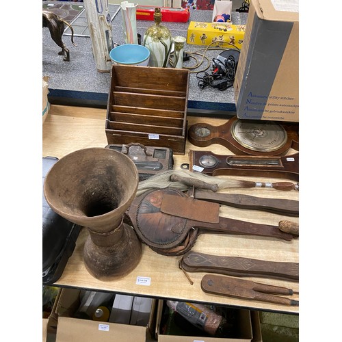 518 - Mahogany barometers, bellows, letterbox, inlaid boxes etc (all sold as seen)