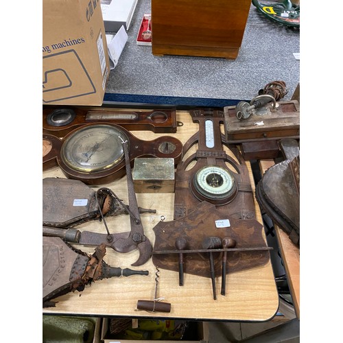 518 - Mahogany barometers, bellows, letterbox, inlaid boxes etc (all sold as seen)