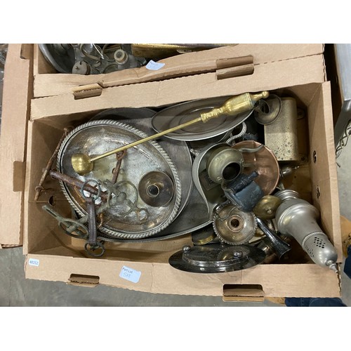 519 - 3 Boxes of assorted brass, copper & plated ware