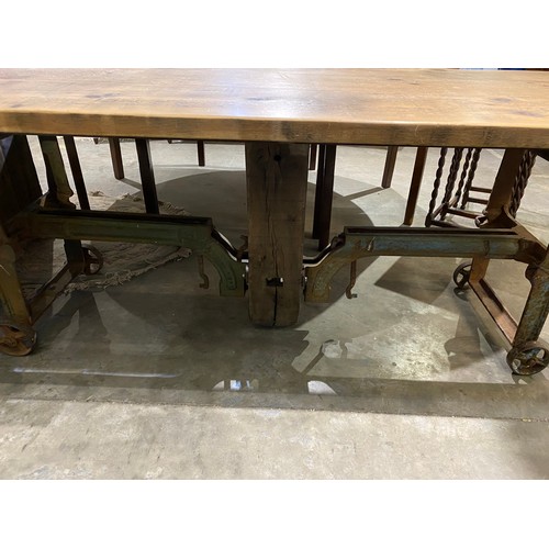 83 - Good quality industrial pine top dining table (78H 212W 93D cm)