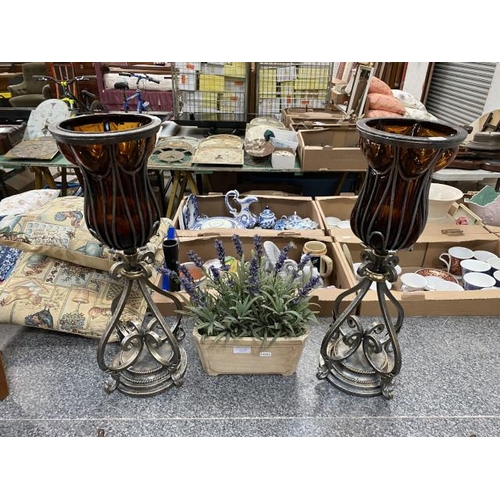 136 - Pair of amber glass & ornate metal candle holders & artificial potted lavender