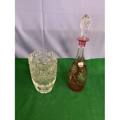 181 - Waterford crystal vase & tall pink overlay glass decanter with stopper