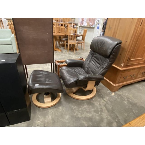 282 - Brown faux leather swivel lounge chair (77W cm) & matching footstool