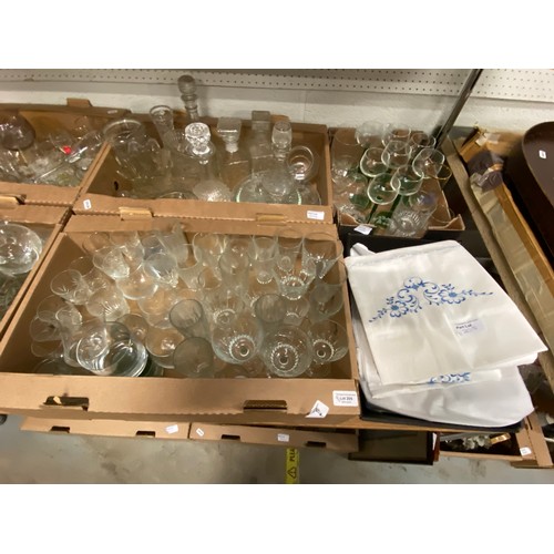 205 - Mixed collection of glass decanters, table linens, part dinner sets inc. Staffordshire table wares, ... 