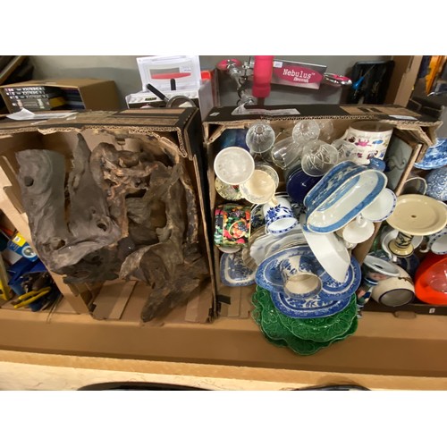 223 - 4 Mixed boxes of glassware & pottery inc. Lustre, Wade turtle, 3 green leaf plates, blue & white pot... 