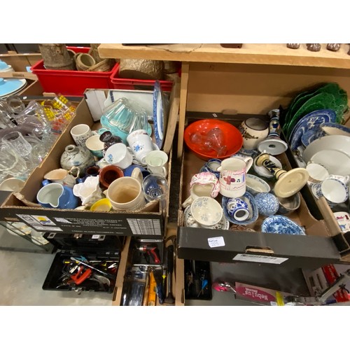 223 - 4 Mixed boxes of glassware & pottery inc. Lustre, Wade turtle, 3 green leaf plates, blue & white pot... 