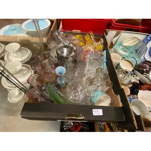 223 - 4 Mixed boxes of glassware & pottery inc. Lustre, Wade turtle, 3 green leaf plates, blue & white pot... 