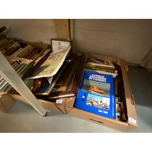 257 - 6 Boxes of games inc. cased dominoes, Ludo, Pictionary, rackets, books, pictures & picture frames et... 