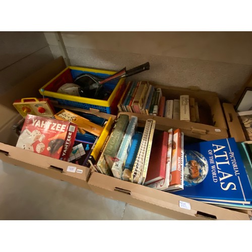 257 - 6 Boxes of games inc. cased dominoes, Ludo, Pictionary, rackets, books, pictures & picture frames et... 