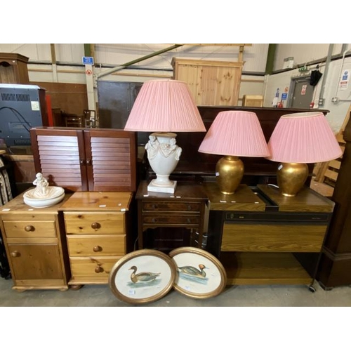 Continental table lamp & matching dish, pair of gold effect table lamps & pair of gilt framed prints Shieldrake & Eared & Grebe, Ekco hostess trolley (71H 74W 37D cm), pine 3 drawer chest (65H 43W 43D cm), pine single door bedside cabinet (63H 38W 44D cm), mahogany 2 drawer side table (73H 46W 33D cm) etc