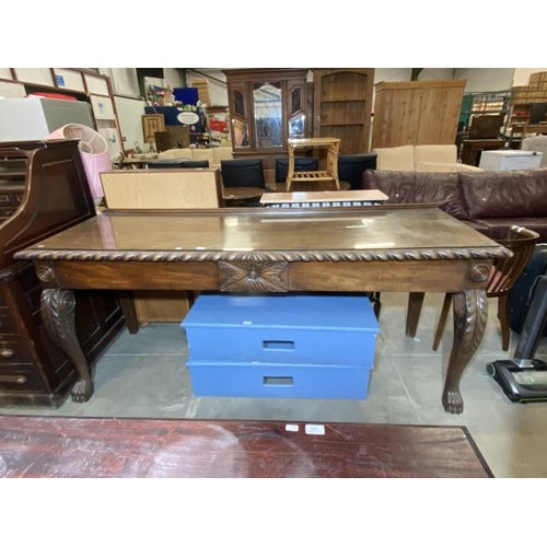 92 - Carved mahogany console table (88H 210W 80D cm) (missing beading to both sides)