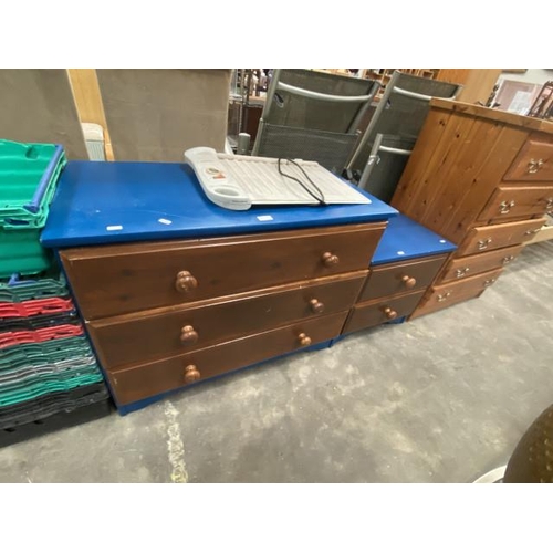 127 - Pine 3 drawer chest 71H 91W 46D, matching 2 drawer chest 51H 51W 46D & a oil filled electric radiato... 