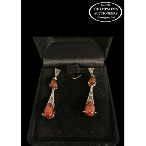 315 - Pair of silver amber & marcasite earrings