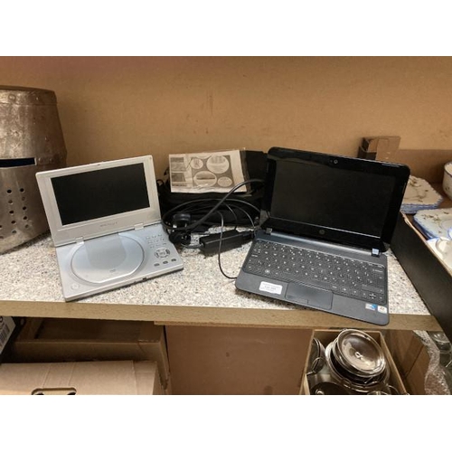 385 - Microsoft HP laptop with charger & Shinco SDP-1830 portable DVD player with manual, charger & bag