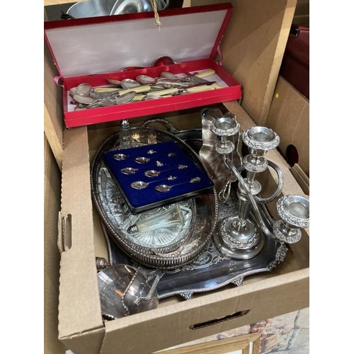 407 - Box of plated ware inc. candelabra, cutlery, trays etc