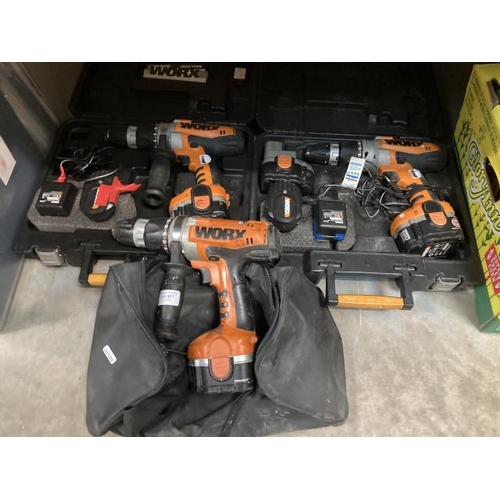 437 - 3 x WORX WA3106 drills with batteries & chargers (2 cased) batteries are unchecked