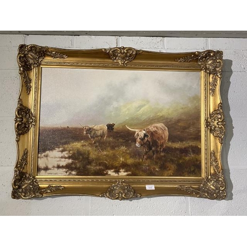 62 - Gilt framed cattle scene oil on canvas by Arthur Lokie 94W x 68H cm