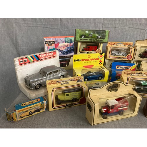 381 - Two boxes of play worn cars including boxed, Lledo, Models of Yesteryear, Matchbox, Days Gone etc.