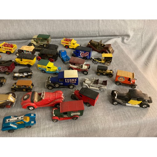 381 - Two boxes of play worn cars including boxed, Lledo, Models of Yesteryear, Matchbox, Days Gone etc.