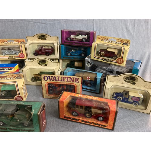 381 - Two boxes of play worn cars including boxed, Lledo, Models of Yesteryear, Matchbox, Days Gone etc.