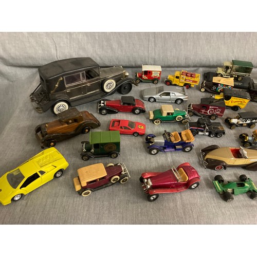 381 - Two boxes of play worn cars including boxed, Lledo, Models of Yesteryear, Matchbox, Days Gone etc.