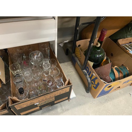 464 - 12 boxes of glassware, books, 12 volt battery winch (as seen), vintage telephones, collectables etc.