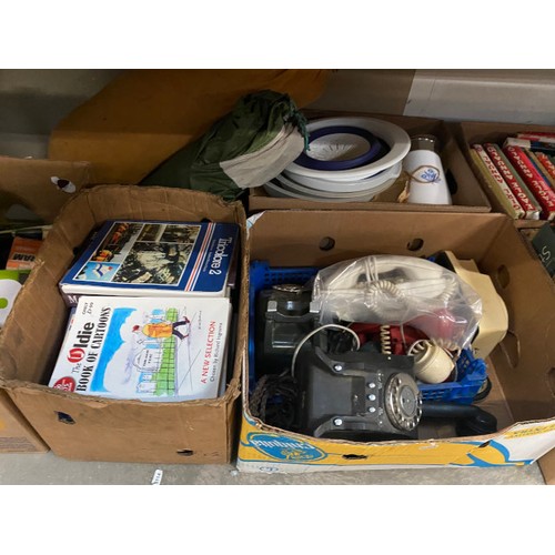 464 - 12 boxes of glassware, books, 12 volt battery winch (as seen), vintage telephones, collectables etc.