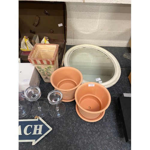 354 - Collection of mixed glass, candles, oval mirror, pair of terracotta plant pots (new), picture frames... 