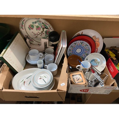 382 - Collection of kitchen wares including green enamel bread bin, 2 Betty's tins, Denby, Hornsea cups & ... 