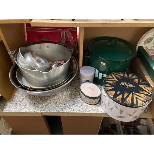 382 - Collection of kitchen wares including green enamel bread bin, 2 Betty's tins, Denby, Hornsea cups & ... 