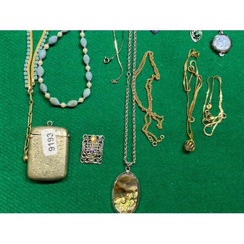 312 - Collection of costume jewellery, silver plated vesta, gilt chain (clasp stamped 9ct, approx. 5.2g) e... 