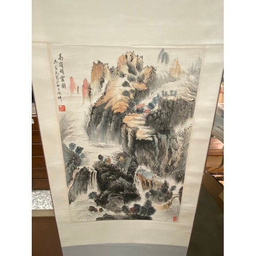 402 - Chinese scroll painting with character marks (184x59cm)